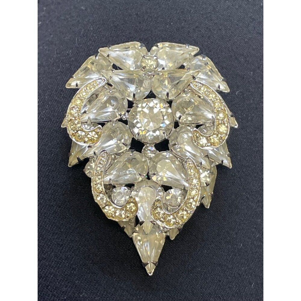 Vintage Weiss Clear Rhinestone Brooch Pin Silver-Tone Leaf Design Elegant Statem